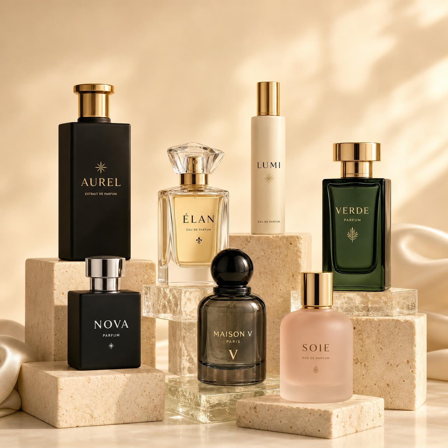 Luxuriöse Auswahl individuell gebrandeter Parfum-Flakons als Inspiration für die eigene Marke