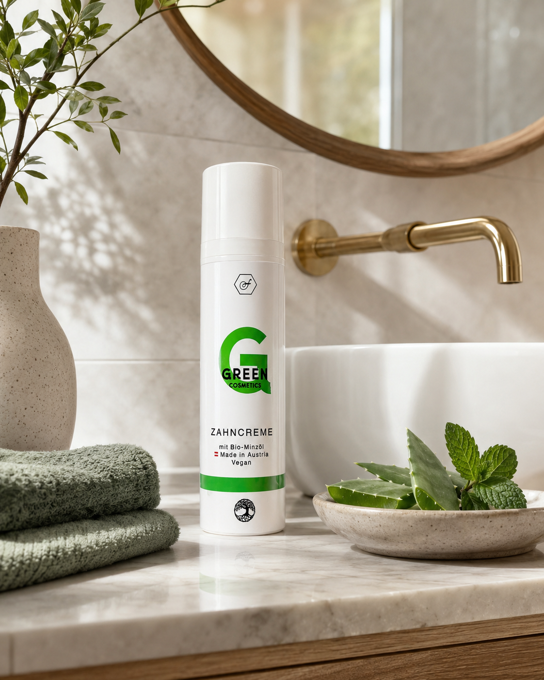 Fúmée Zahncreme Airless-Spender auf einem Marmor-Waschtisch