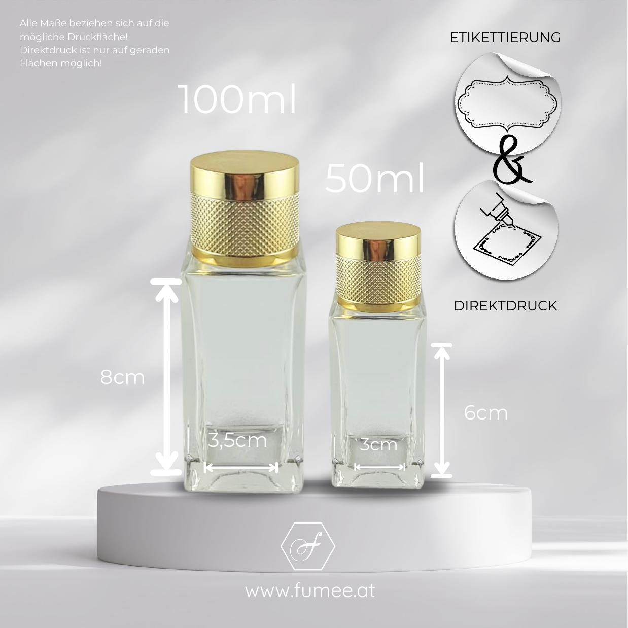 Exclusive Gold Parfum-Flacon 100 ml & 50 ml – Druckfläche 8 × 3,5 cm · 6 × 3 cm