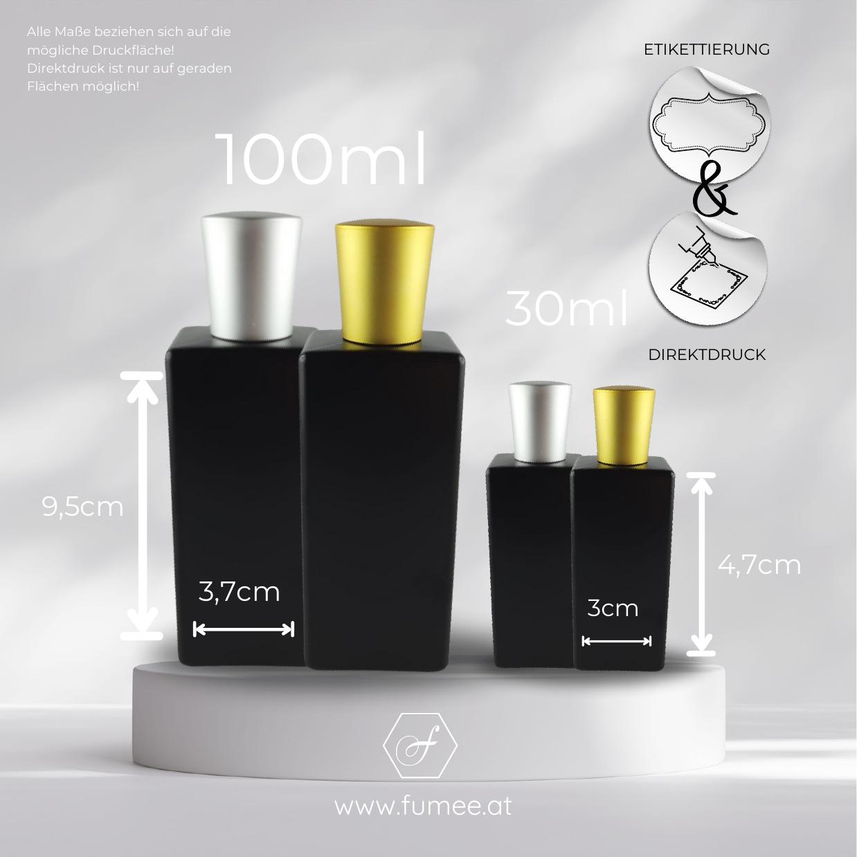 Standard Black Parfum-Flacon 100 ml & 30 ml – Druckfläche 9,5 × 3,7 cm · 4,7 × 3 cm