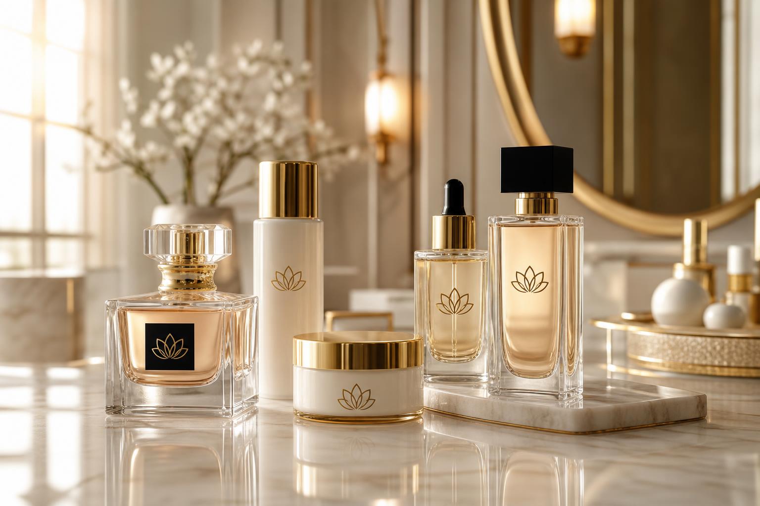 Edel gebrandete Parfum- und Pflegeprodukte in einem luxuriösen Salon-Ambiente