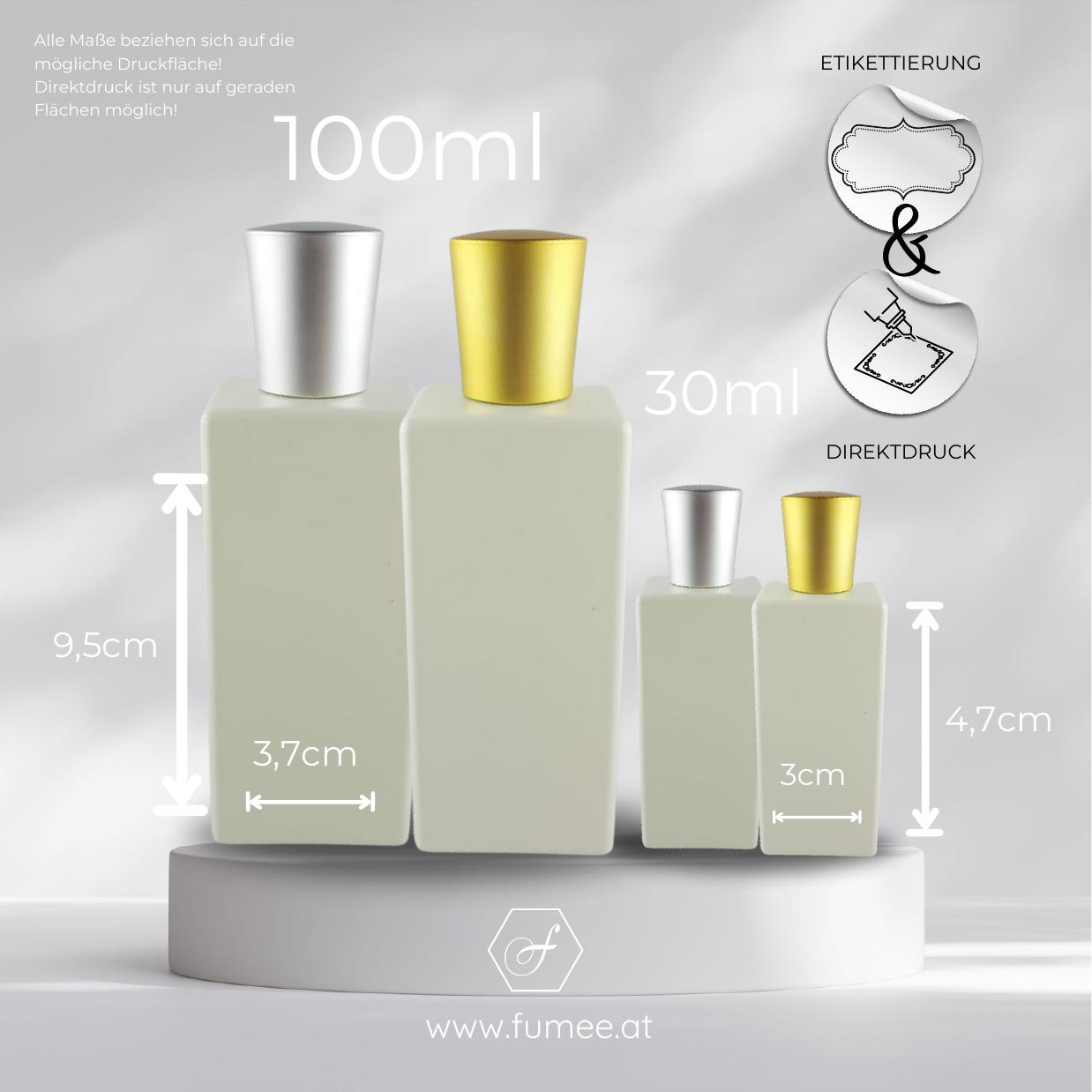 Standard White Parfum-Flacon 100 ml & 30 ml – Druckfläche 9,5 × 3,7 cm · 4,7 × 3 cm
